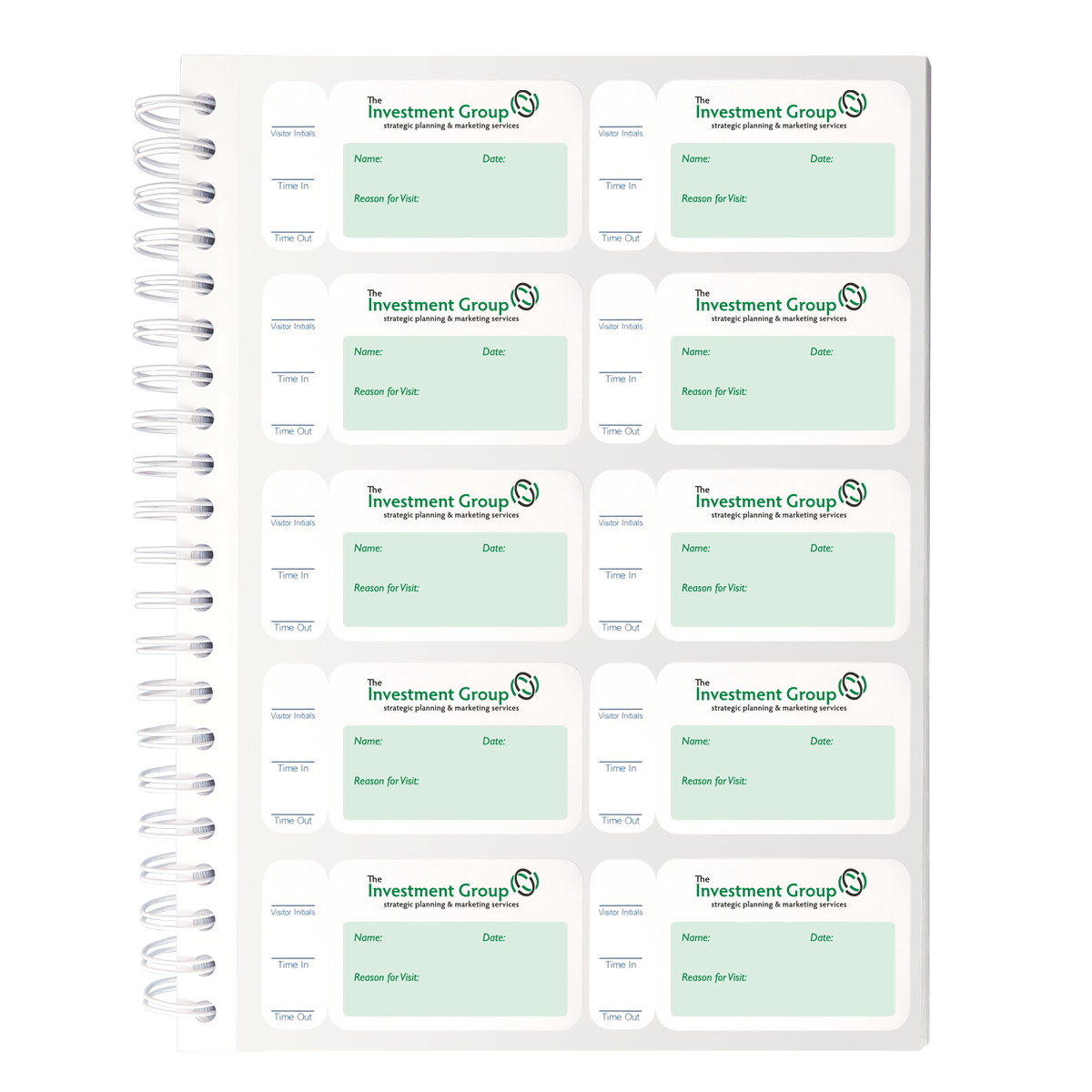 Image of a spiral-bound booklet containing multiple rows of adhesive Non-Expiring Visitor Badges and Log Book - 500 Badges (05751). Each sticker has fields labeled "Name," "Date," and "Reason for Visit" with a company logo in the upper left corner.