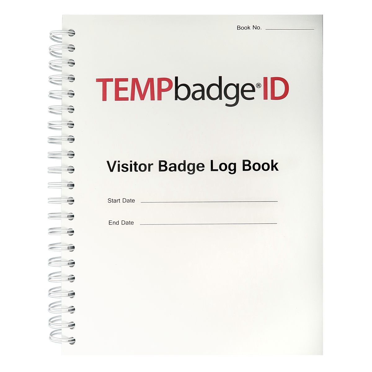 A spiral-bound "Non-Expiring Visitor Badge and Log Book - 500 Badges (05751)" with fields for start date, end date, and book number on the cover, perfect for organizing your visitor ID system.