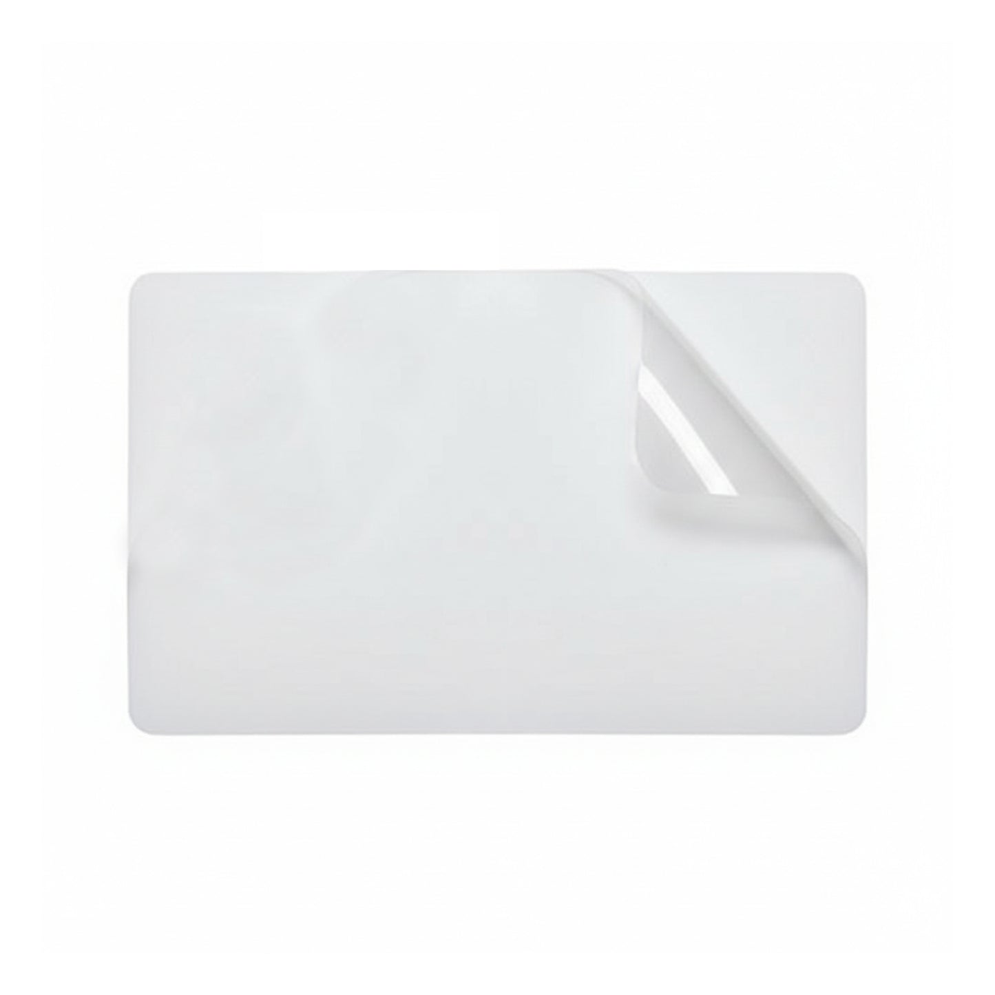 A white CR80 ID card with one corner peeled back showcases the Self Adhesive UV Protecting Overlay for Standard CR80 ID Cards (0602-4950) beneath its surface.