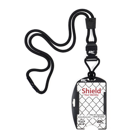 The EK USA Patriot RFID Blocking Dual Sided Badge Holder (10943) comes with a detachable black breakaway lanyard and features a plastic card holder with chain-link design labeled “Shield Your Identity,” offering secure ID protection with RFID blocking technology.