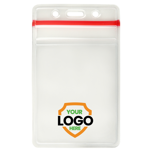 A Custom Heavy Duty Vinyl Vertical Badge Holder w/ Resealable Zip Top (1815-1110) with a red zipper at the top and a shield design labeled "Your Logo Here" on the front. Perfect for custom badge holders and personalized identification accessories.