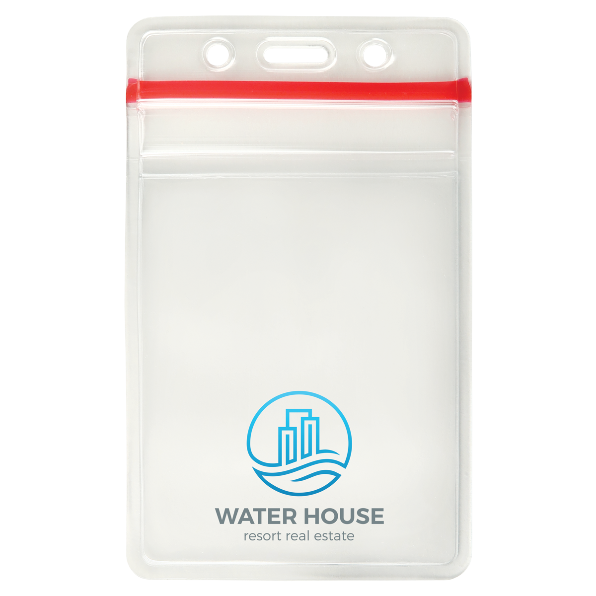 A Custom Heavy Duty Vinyl Vertical Badge Holder w/ Resealable Zip Top (1815-1110) with a red seal at the top, featuring the logo and text "Water House Resort Real Estate" on the front. The logo includes an illustration of two buildings over waves, making it perfect for those in need of custom badge holders.