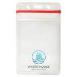 A Custom Heavy Duty Vinyl Vertical Badge Holder w/ Resealable Zip Top (1815-1110) with a red seal at the top, featuring the logo and text "Water House Resort Real Estate" on the front. The logo includes an illustration of two buildings over waves, making it perfect for those in need of custom badge holders.