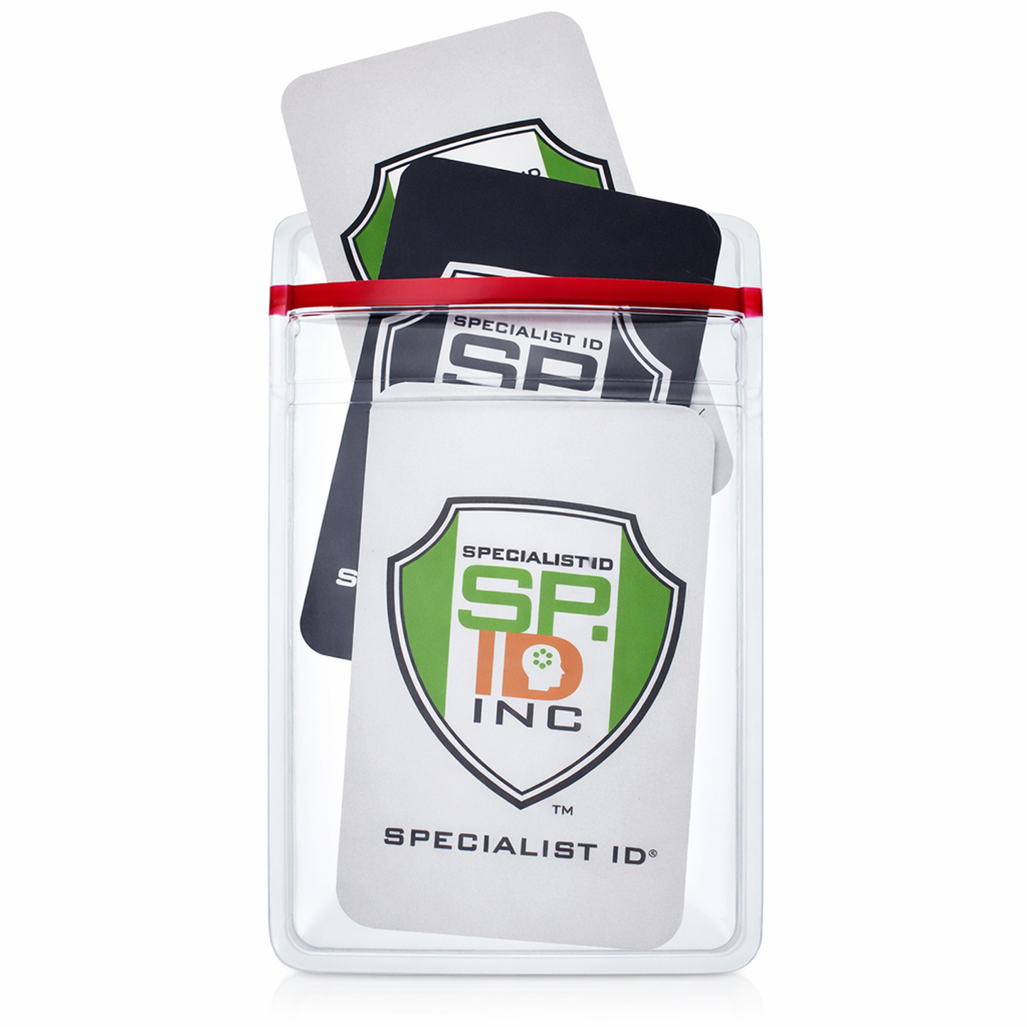Three Heavy Duty Vertical Multi-Card Badge Holder with Resealable Zip Top (1815-1110) in black and gray are shown inside a clear plastic envelope with a red resealable top seal. The badges, which feature a green and orange logo, are designed for vertical ID display.