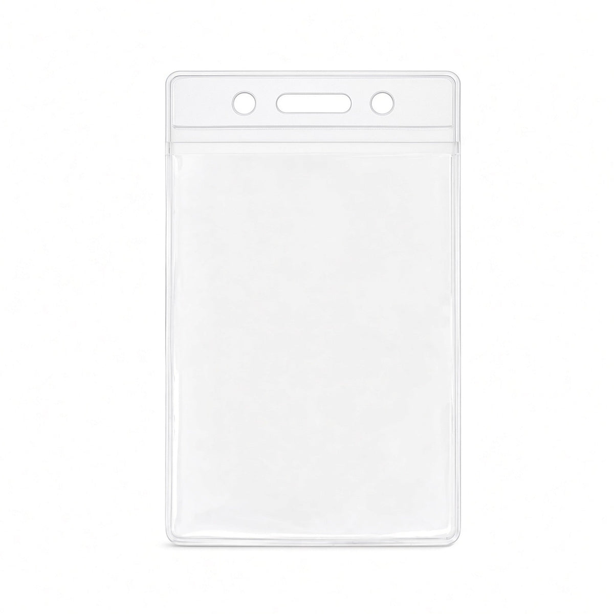 Clear vertical vinyl ID badge holder with slot and chain holes, standard credit card size, empty holder on a white background (1820-1050)