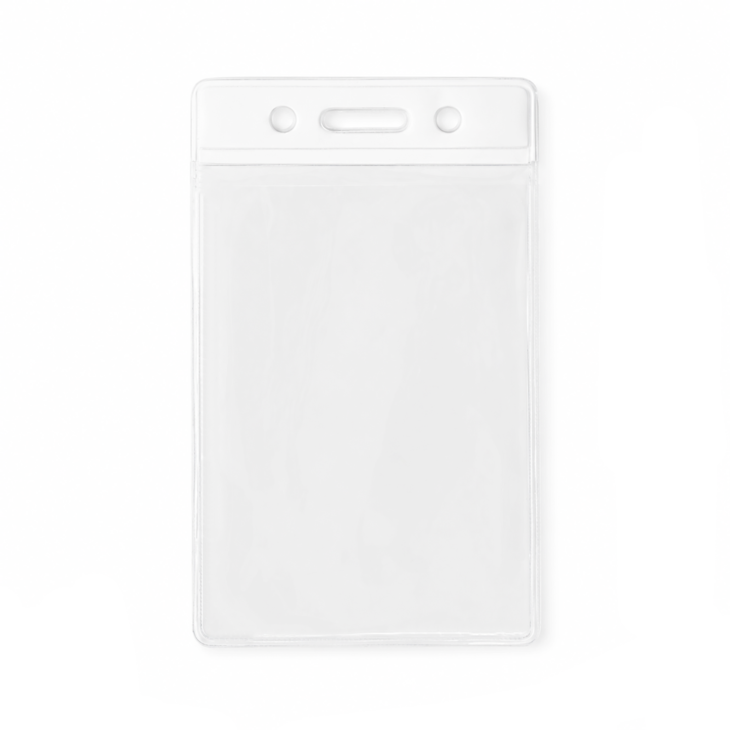 A vertical clear plastic ID badge holder sleeve with a white top header bar and three hanging holes (slot and chain), shown on a plain white background. (1820-1058)