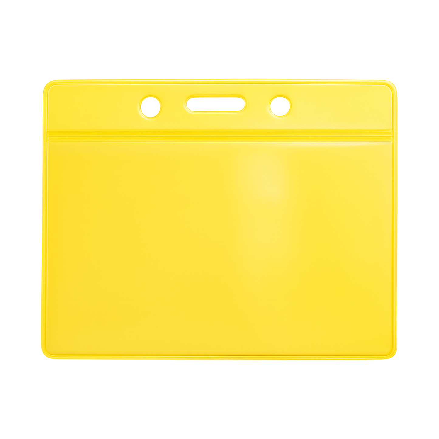 Image of a yellow, transparent Horizontal Vinyl Color-Back Badge Holder (P/N 1820-200X) with two circular holes and a horizontal slot at the top for attachment, perfect for quick identification during student bus assignments.