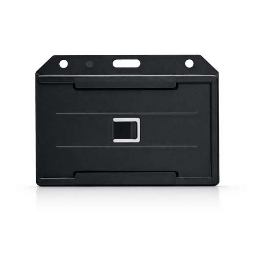 A 2-Sided Horizontal Multi-Card Holder (1840-305X) with a horizontal slide-in slot, made from rigid plastic, featuring a central clip opening and designed as a 2-sided horizontal multi-card holder.