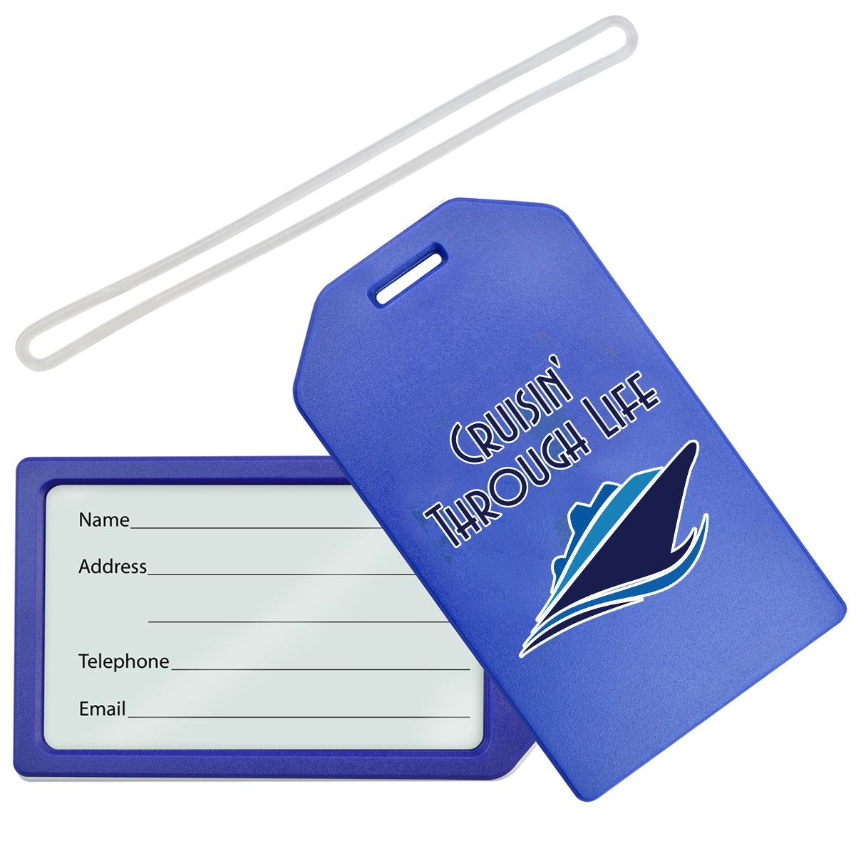 Introducing the "Cruisin' Through Life Hard Plastic Luggage Tag with Cruise Ship Design" - an essential travel accessory featuring a vibrant blue pattern adorned with the phrase "Cruisin' Through Life" and a cruise ship graphic. It offers fields for your name, address, telephone, and email, and comes with a sturdy white strap for effortless attachment.