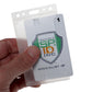 Slim hard plastic badge holder for single ID card - side load with thumb slot removal - top slot and chain holes 