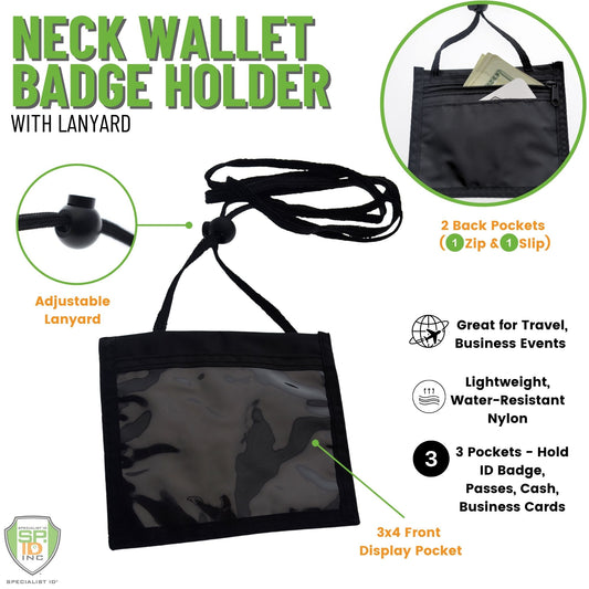 Description: Image showing a **Premium Color 3 Pocket 4x3 Nylon Credential Neck Lanyard Wallet with Adjustable Lanyard (1860-260X)**. Features include a clear front display pocket, two back pockets (one with zip), and lightweight water-resistant material. Ideal as an exhibitor badge holder or for conference lanyards.