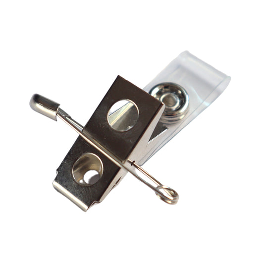 A nickel-plated steel badge clip with a safety pin and an alligator clasp. This 2-Hole Pin-Clip Combo Strap Clip can securely attach an ID badge, combining metal and plastic for durability and convenience.