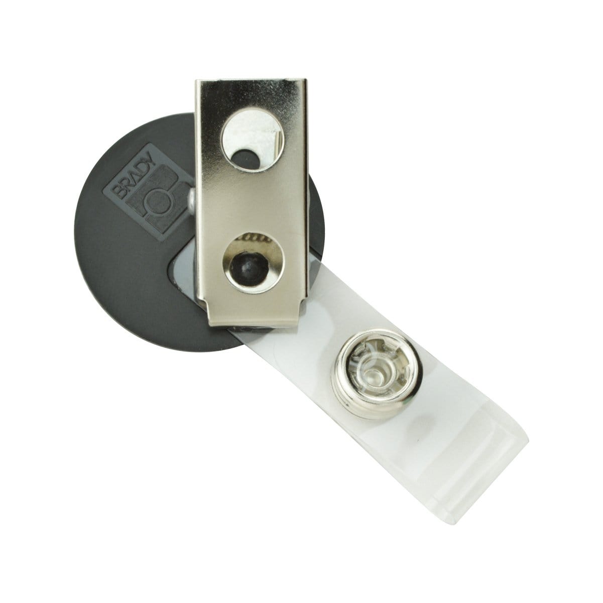 A professional identification tool, this Custom Printed Non-Retractable Badge Reel with Metal Clip (2105-4001) - Add Your Logo features a customizable round black logo with a clip and retractable cord. Perfect for maintaining a sleek and professional appearance.