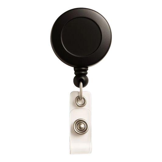 The Badge Reel with Belt Clip (P/N 2120-303X) is a sleek black badge reel featuring a retractable, round design with a secure white belt clip. Sold by Specialist ID.