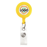 Yellow badge reel with a clear plastic strap and a circular clip displaying placeholder text "YOUR LOGO HERE" on a white background, perfect for Custom Printed Retractable Badge Reels With Belt Clip - Personalize with Your Brand Logo to promote brand awareness.