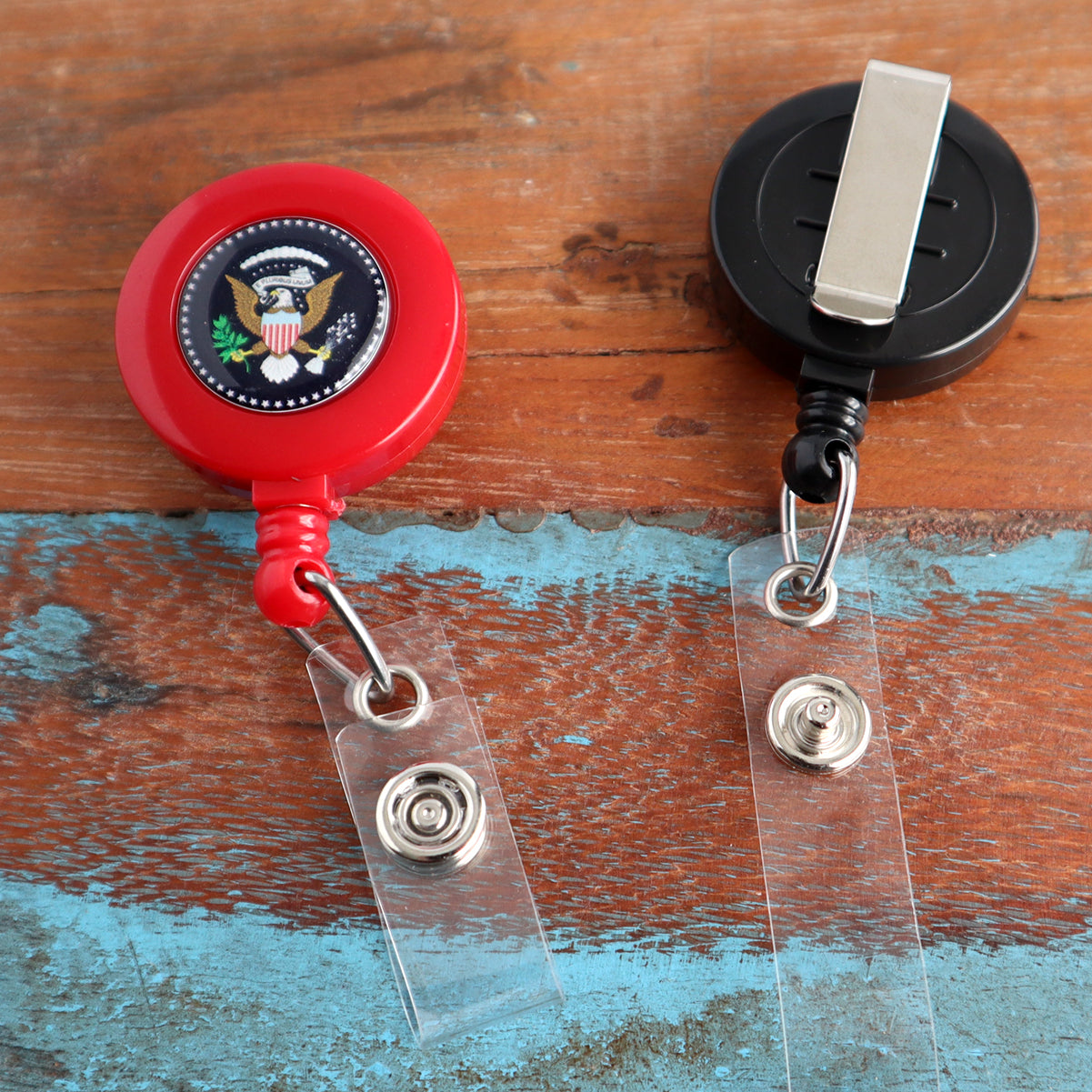 Custom badge reels with example dome shape logo - back belt clip attachment