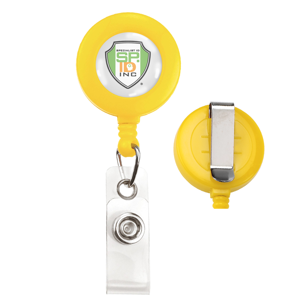 A Custom Printed Retractable Badge Reel With Belt Clip - Personalize with Your Brand Logo, featuring full color graphics and a white clip, complemented by a metal clip on the back. The logo, "SP 19 INC," is prominently displayed in the center. Custom badge reels like this are an excellent way to promote brand awareness.