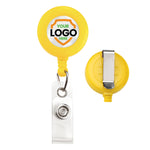 A Custom Printed Retractable Badge Reels With Belt Clip - Personalize with Your Brand Logo with a yellow casing and clip, featuring a placeholder for a logo on the front. This custom badge reel is perfect to promote brand awareness with full color graphics.
