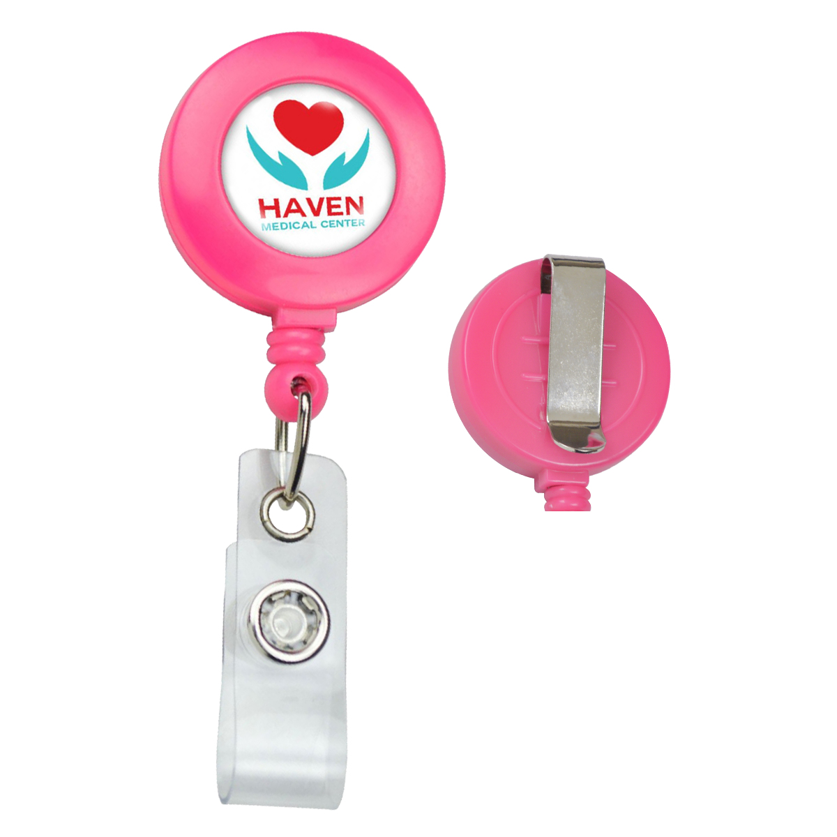 A Neon Custom Badge Reel With Belt Clip (P/N 2120-308X) - Add Your Logo with a clip and a white strap attachment. The custom badge reel features the logo of Haven Medical Center with a red heart and blue symbol below it, making it perfect for promotional staff.