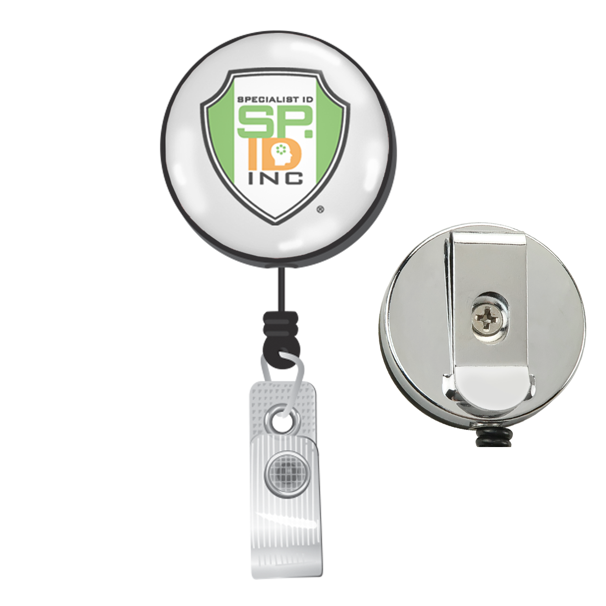 A Custom Badge Reels - Heavy Duty Custom Printed Badge Reel with Belt Clip - Upload Your Logo with a logo reading "Specialist ID SP INC" in green and black text is perfect for promotional giveaways, enhancing brand visibility effortlessly.