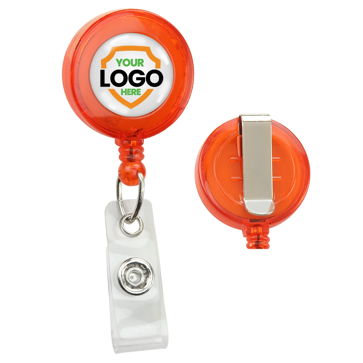 Custom Badge Reel with Belt Clip - Translucent Orange Color