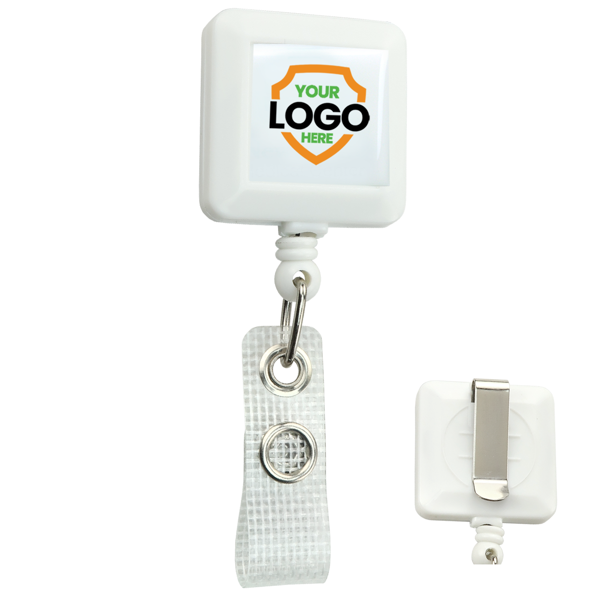 White retractable Custom Square Badge Reel with Belt Clip (2120-382X-Custom) - Add Your Logo with a reinforced strap clip on the back. The front panel features a customizable section labeled "YOUR LOGO HERE." This modern badge reel is perfect for branding and daily use.