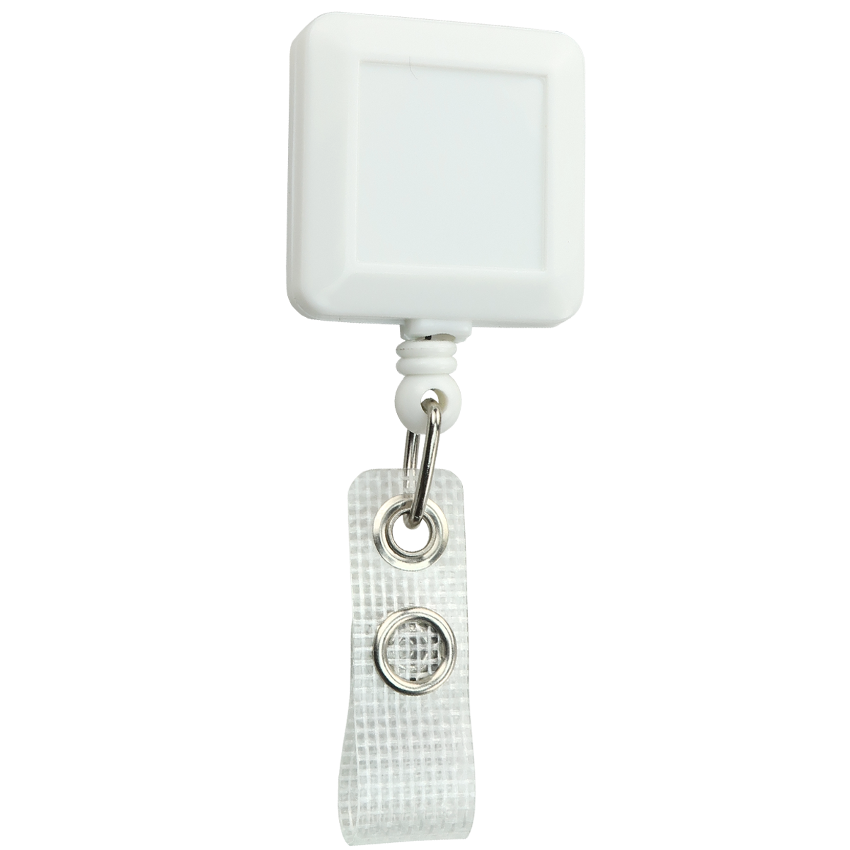 A Square Badge Reel With Belt Clip (P/N SPID-3080), featuring a clear plastic strap with a metal snap closure and a convenient belt clip, is equipped with a retractable cord.