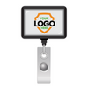 Image of a Custom Rectangle Badge Reel Retractable with Rotating Swivel Clip (P/N 2120-390X-Custom) with a retractable nylon cord and rectangular badge holder displaying