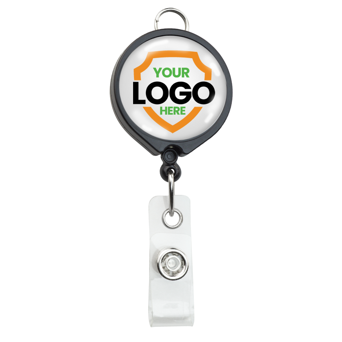 A Custom Badge Reel with Belt Clip and Lanyard Attachment - Add Your Logo, featuring a shield emblem and the text "YOUR LOGO HERE" in the center. Perfect for custom badge reels, it enhances brand awareness with its personalized graphic.