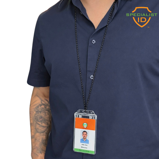 A person wearing a navy blue shirt and showing a tattoo displays an ID badge on a Plastic Beaded Neck Chain Bead 2130-400X, with the "SPECIALIST ID" logo visible in the upper right corner.