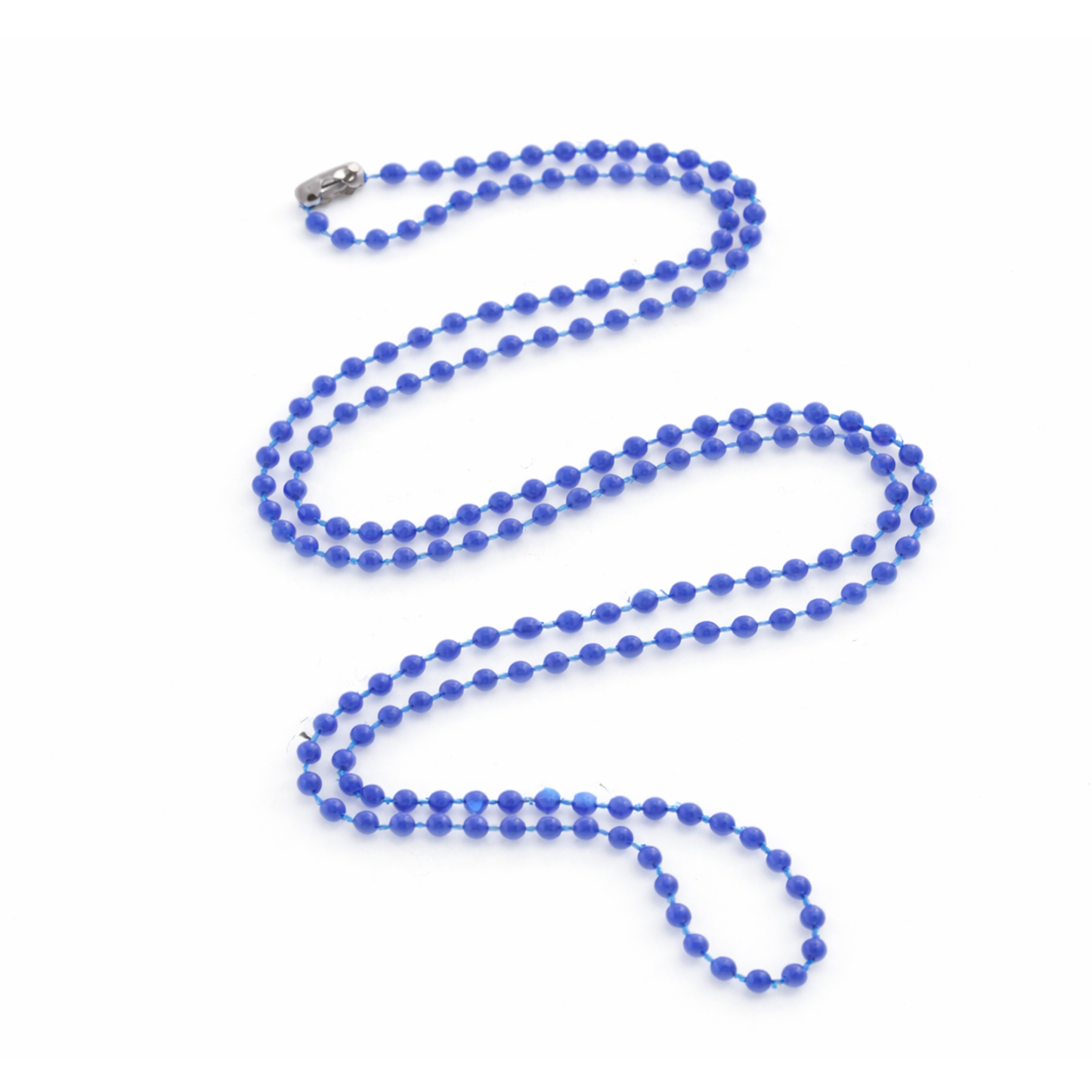 The Plastic Beaded Neck Chain - Small Bead Ball Size with Clasp 2130-400X is a long blue chain with small plastic beads and a silver clasp, displayed in a wavy pattern on a white background.