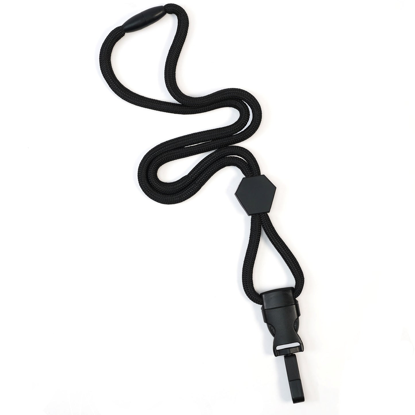 Metal detector friendly heavy duty lanyard with ergonomic neck padding, featuring a breakaway clasp, quick release plastic hook, and an adjustable diamond slider, displayed on a white background.