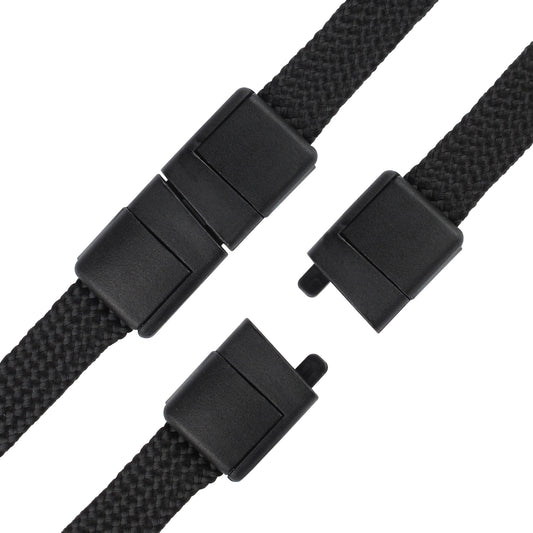 Close-up of three black straps with interlocking plastic buckles, designed with a metal-free design. Two straps are fully connected, while one strap is shown halfway through connecting, ensuring a secure hold. Metal Free Lanyard with Narrow Plastic Hook - MRI Safe 3/8 Inch Lanyard with Safety Breakaway Clasp (2137-40XX).