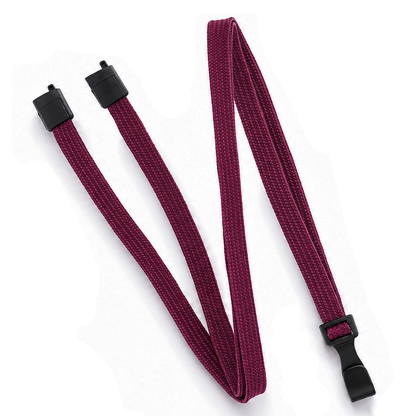 A maroon Breakaway Lanyard with No Twist Plastic ID Clip (2137-474X), MRI and metal detector friendly, features two black plastic clips on one end and a single black plastic slider on the other, shown on a white background.