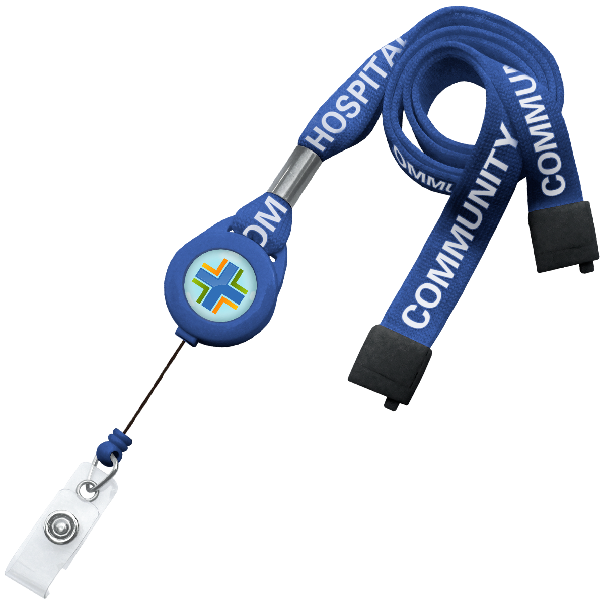 A blue lanyard with "COMMUNITY HOSPITAL" text, a metal clip, and a circular badge featuring a multicolored cross logo. This Custom Silk Screen Breakaway 5/8" Lanyard With Custom Badge Reel Combo is perfect for securely displaying identification cards.