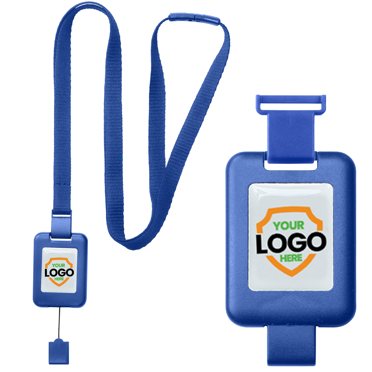 A blue retractable badge holder with a vertical card attached and a "Your Logo Here" placeholder in the card's center, offering an ideal Customizable SlimReel Breakaway Lanyard ID Holder Badge Reel Combo (2138-800X) for showcasing your company logo.