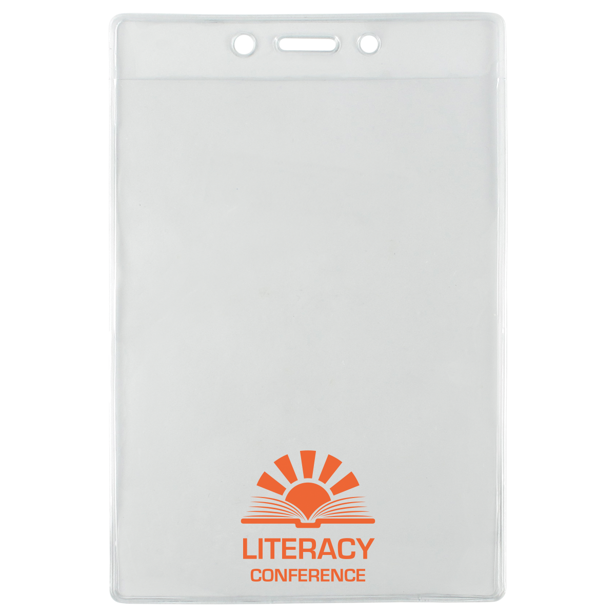Clear plastic name badge holder with "Literacy Conference" and a sunburst logo printed in orange at the bottom, ideal for Custom 3 1/2" X 5 1/4" Clear Vertical Large Event Badge Holder (306-46).