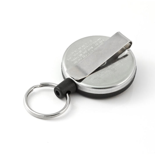 A round, silver tape measure with a black trim, keyring attached at one end, and a metal clip on the back, featuring a Key-Bak #485B-HDK Self Retracting Key Reel for added convenience.
