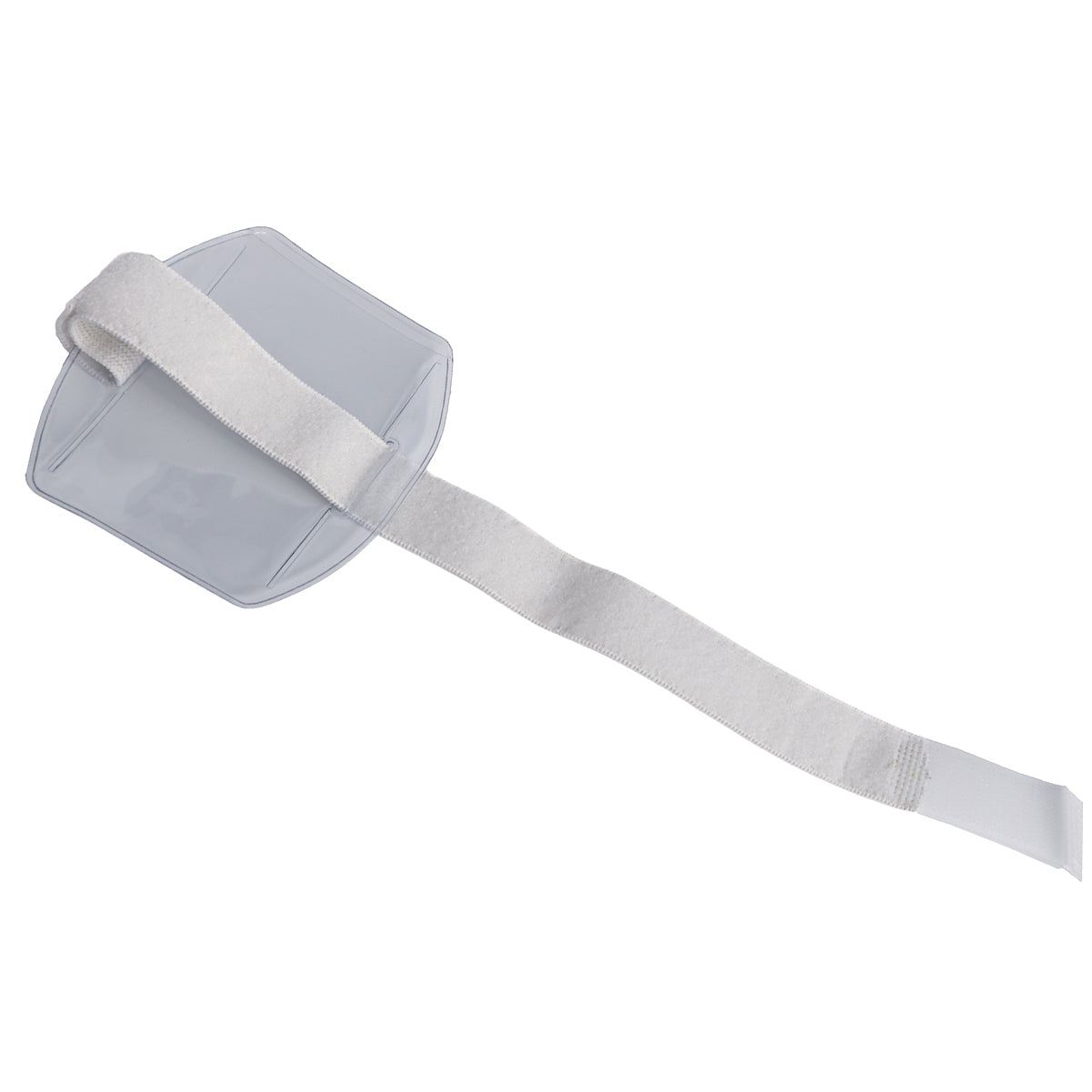 White Velcro strap attached to a translucent plastic square pad, functioning as a Vertical Arm Band Vinyl Badge Holder (504-ARNB and 504-ARNW) with adjustable arm band straps.