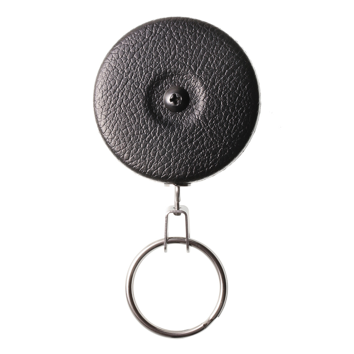 A durable Key-Bak #5B Self Retracting Heavy Duty Key/Badge Reel with a key ring attached to a round, black, textured leather design featuring a central rivet and self-retracting mechanism.