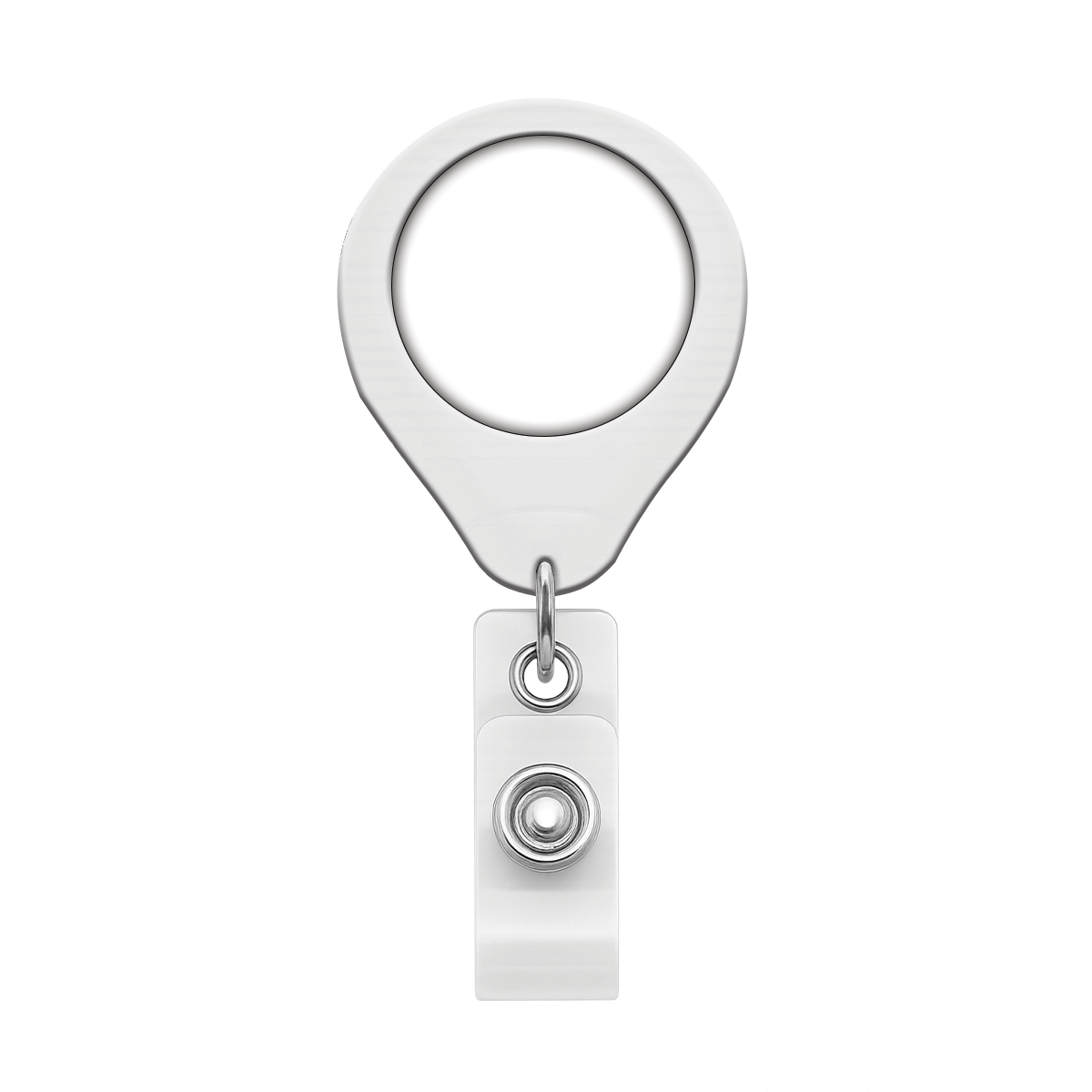 White No Twist teardrop badge reel 609-I-WHT with a blank domed label area ready for a custom logo. Sold by Specialist ID.
