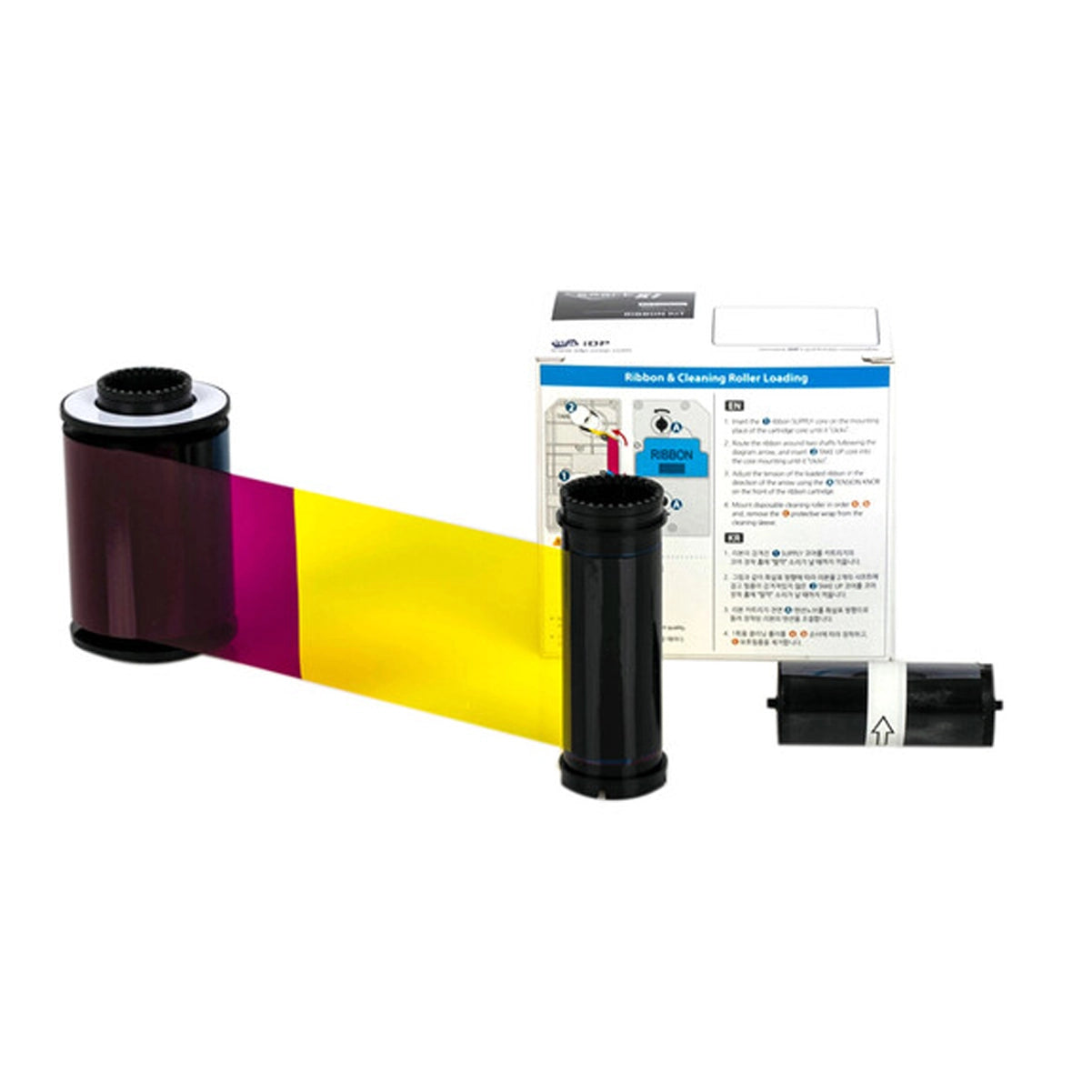 A printer ribbon cartridge with black spools and an IDP 653378 YMCKK Color Ribbon for Smart-81 Card Printer (500 Prints) is in front of its packaging box, along with an additional small black component. Perfect for badge printing with your Smart-81 retransfer printer.