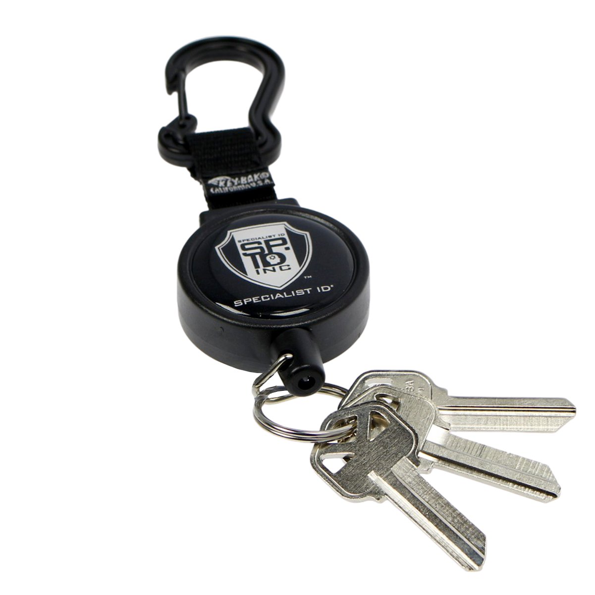 A black Customizable Key-Bak 6C Carabiner Badge Reel - Retractable Keychain Reel with 36" Cord and Easy Logo Upload with a carabiner clip and three metallic keys attached. The key chain, featuring the text "Specialist ID," serves as an excellent personalized badge reel to promote brand awareness.