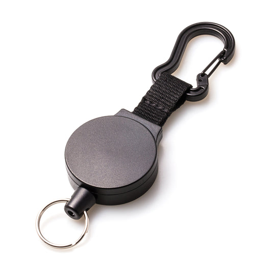 A Key-Bak Mid Size Carabiner Badge Reel with Key Ring (6C)—a retractable keychain with a black plastic carabiner clip attached to a circular black casing, featuring a small metal keyring at the bottom—offers easy access similar to mid-size badge reels.