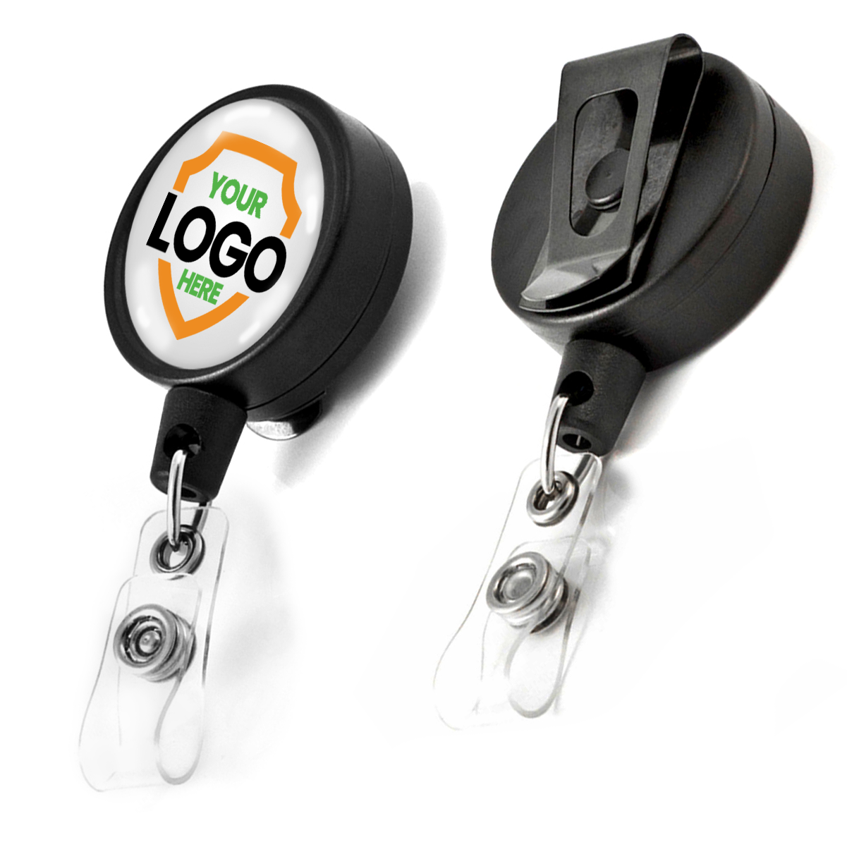 Two Customizable Key-Bak Mid Size ID Badge Reels with Steel Belt Clip (6ID) - Upload Your Logo. The front of one badge reel offers logo customization, labeled "Your Logo Here," to enhance brand awareness. Clear plastic clips are attached to both custom badge reels.
