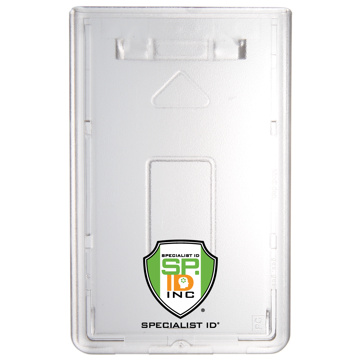 Clear plastic, customizable Custom Top Load Slim Rigid Plastic ID Badge Holder featuring a green and yellow Specialist ID Inc. logo printed at the bottom center, perfect for enhancing brand recognition at any corporate event.