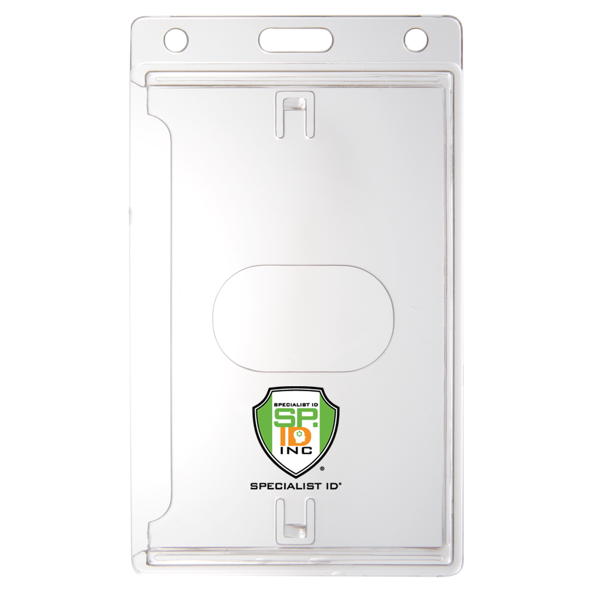 A clear plastic badge holder featuring a logo with "SP ID INC" on the front and the text "SPECIALIST ID" printed below the logo, this Custom Crystal Clear Vertical Card Holder - Personalize with Your Logo offers a touch of uniqueness while keeping your badge visible.