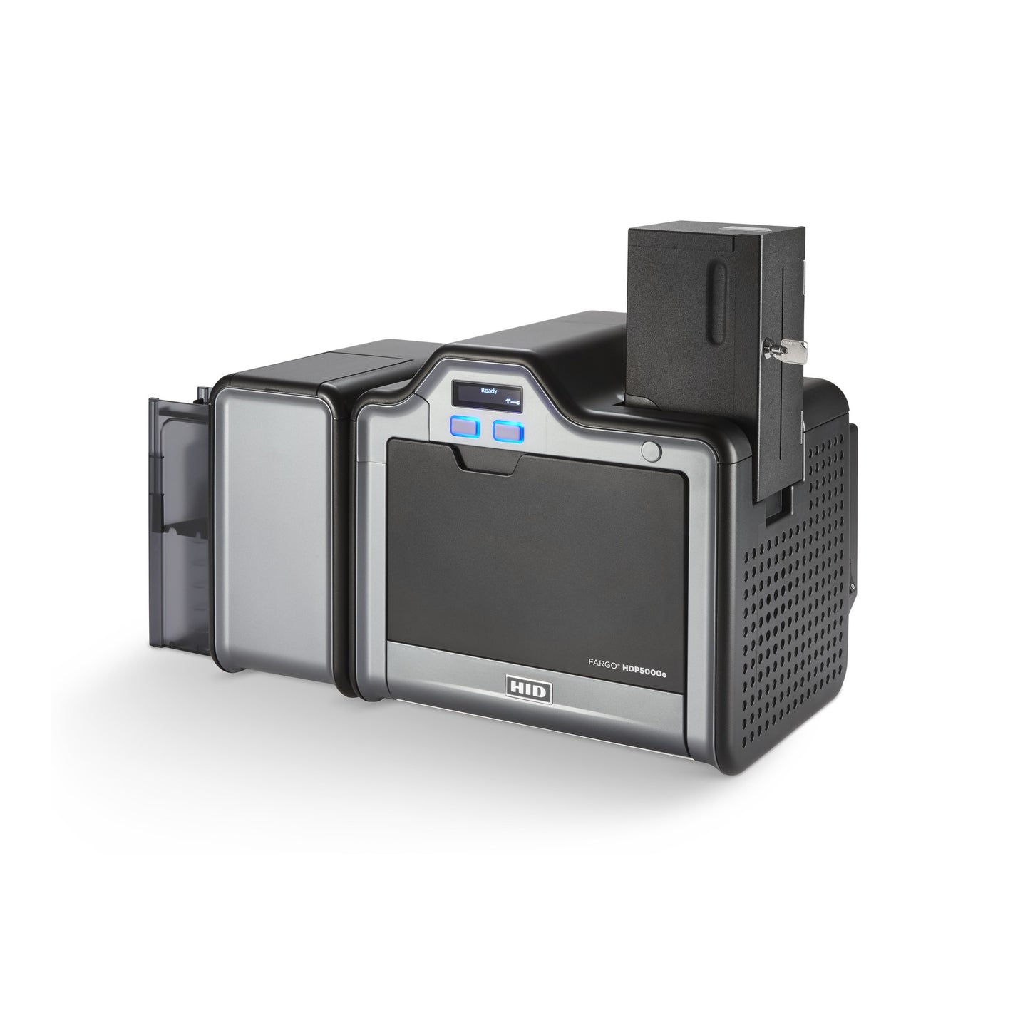 HID FARGO HDP5000e printer shown with the 89223 200-card locking input hopper installed, key included