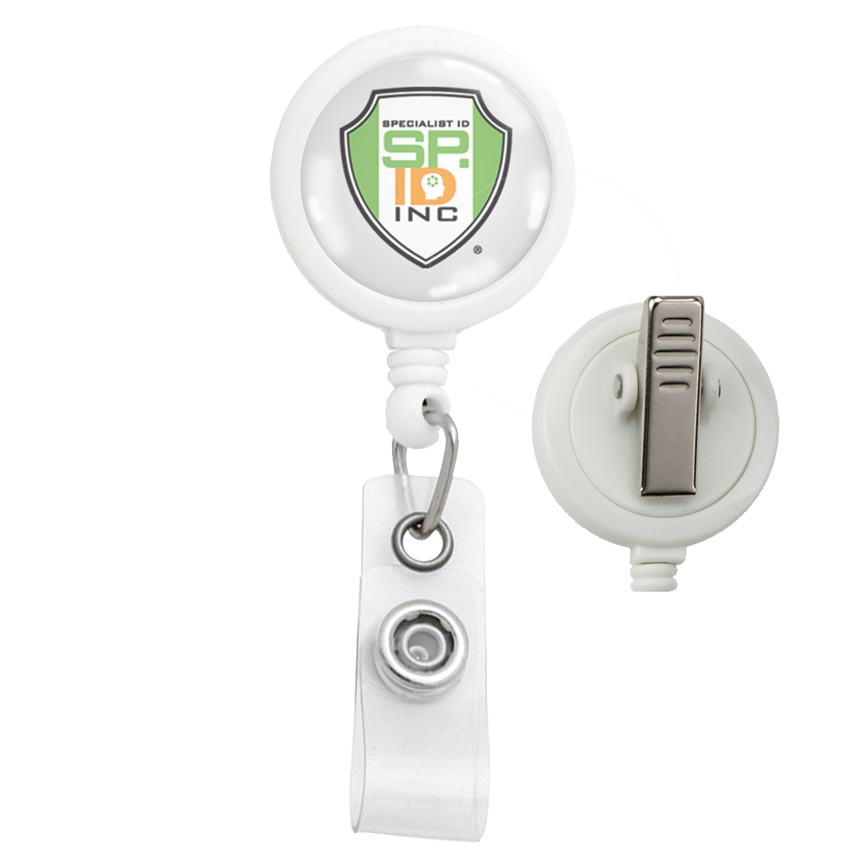 A white Custom Max Label Badge Reel with 1 Inch Smooth Face and Swivel Spring Clip - Personalize with Your Logo, perfect for promoting brand awareness while maintaining a professional image.