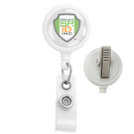 A white Custom Max Label Badge Reel with 1 Inch Smooth Face and Swivel Spring Clip - Personalize with Your Logo, perfect for promoting brand awareness while maintaining a professional image.